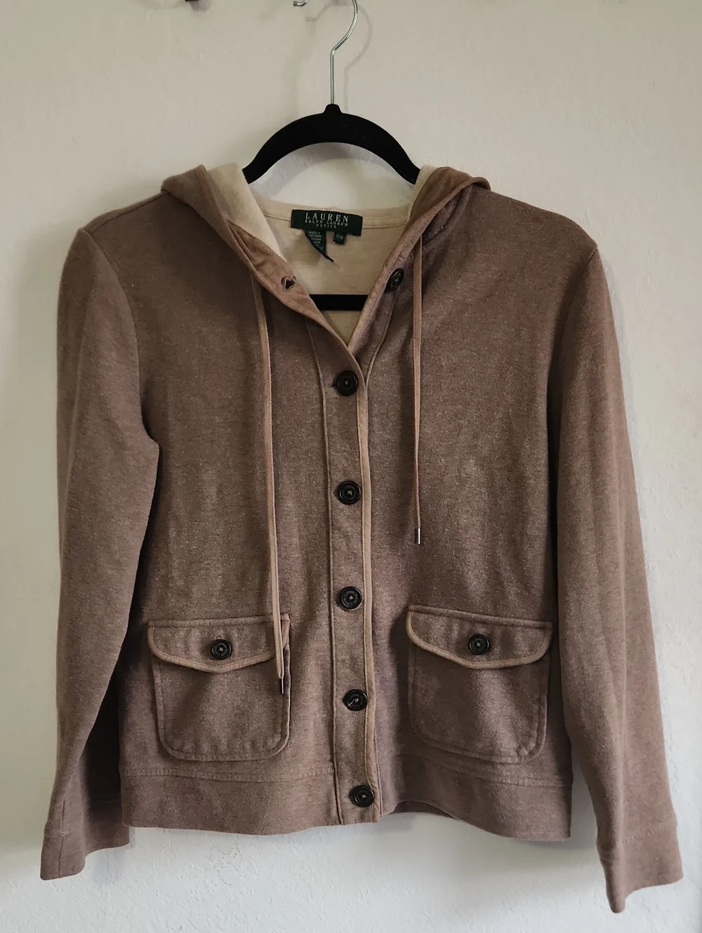 90s Lauren Ralph Lauren Petite Vintage Tan Hooded Button Jacket P/M